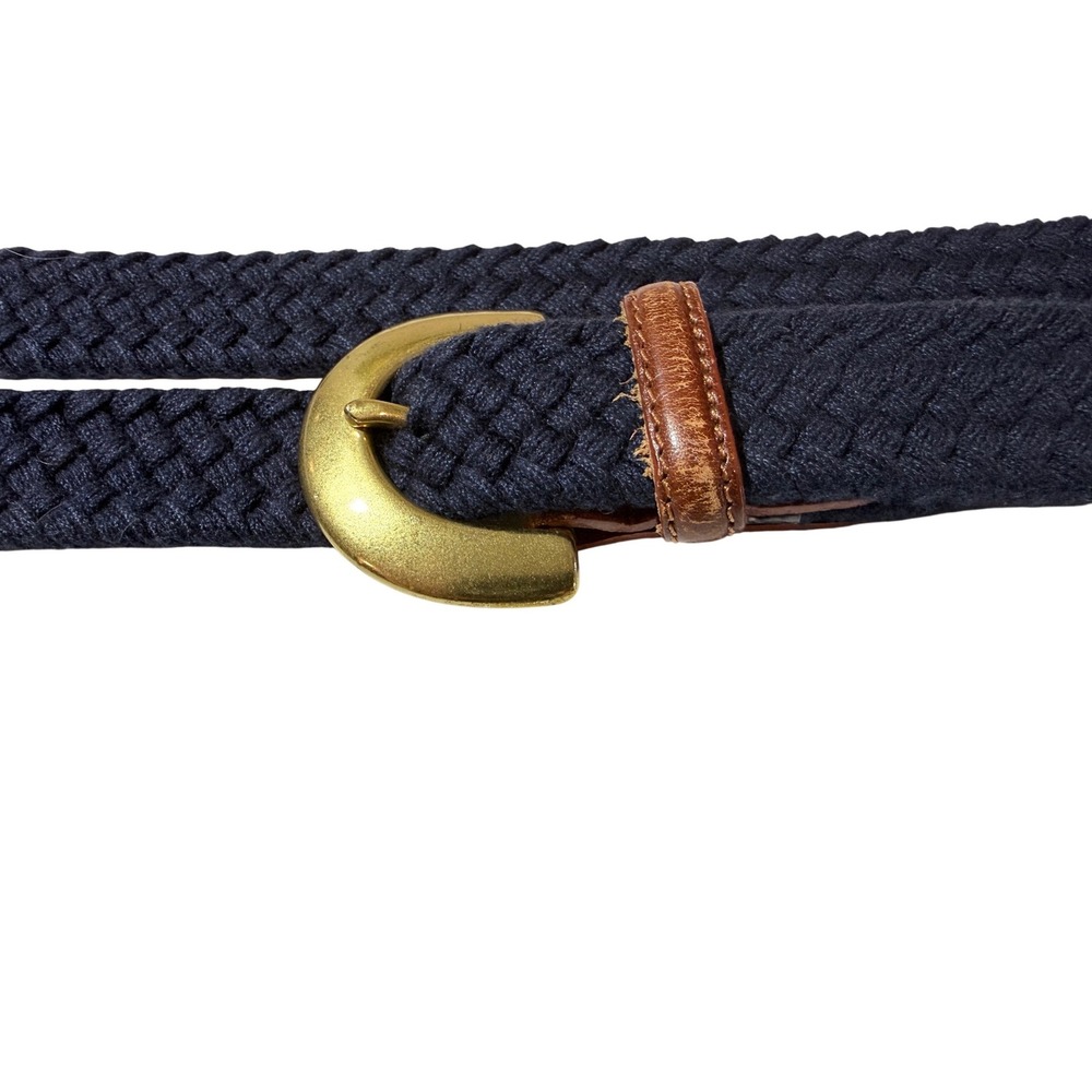 Woven Elastic Belt Women's‎ M Navy Leather Trim Solid Brass Buckle